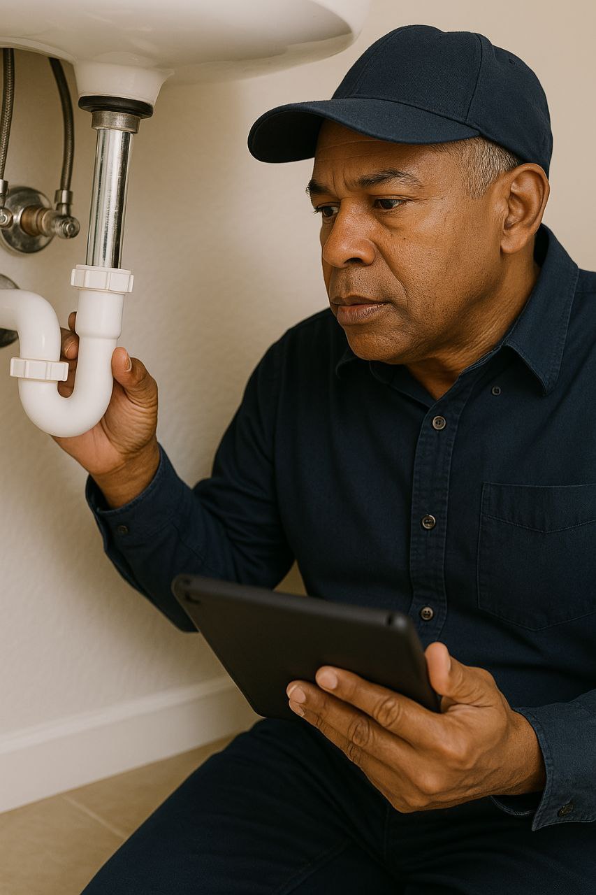 Inspector documenting plumbing deficiency